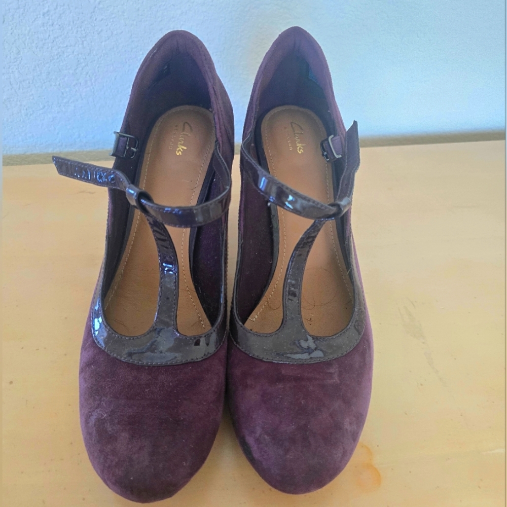 Clarks Women's Dark Purple T-Strap Heels